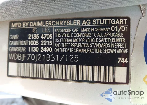 2001 Mercedes-Benz E 430 из США, поврежденный, VIN WDBJF70J21B317125